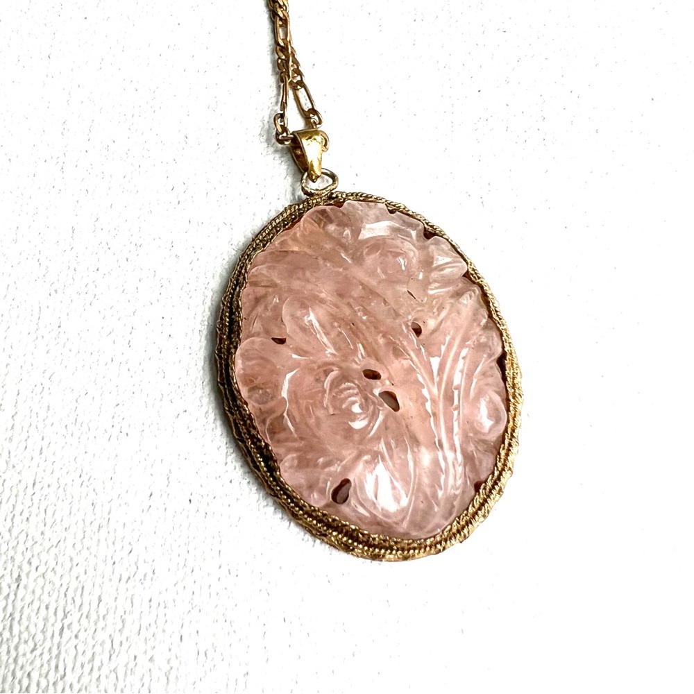 Vintage Antique Carved Rose Pink Quartz Pendant Filagree Brass Necklace Flower